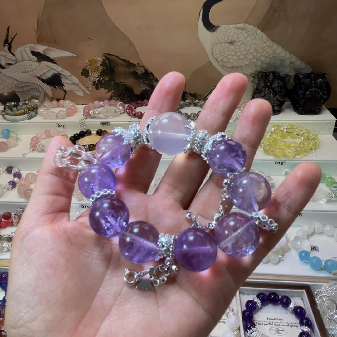 烟晶手链银S925镶嵌紫啊塞加奶白晶款