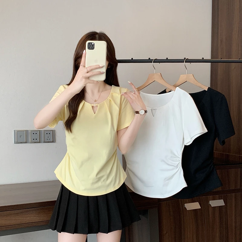 夏装新款胖mm大码女款女设计感镂空弧形设计感掐腰短袖T恤A1525