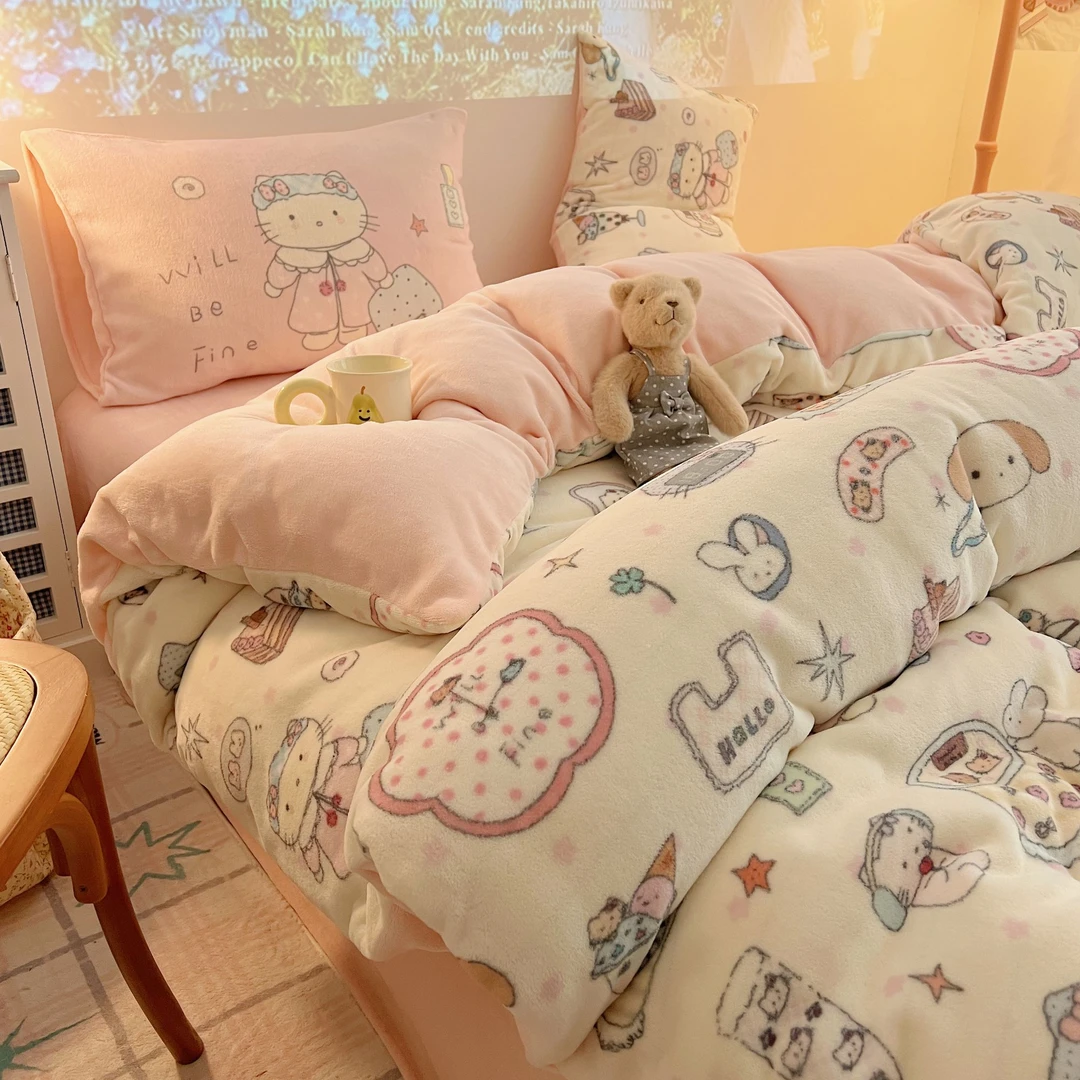 猫咪日记卡通少女风牛奶绒印花四件套小清新被套宿舍三件套床品