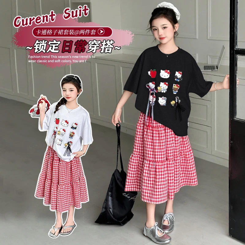 女童夏季短袖T恤套装2025新款女大童夏装洋气格子半身长裙两件套