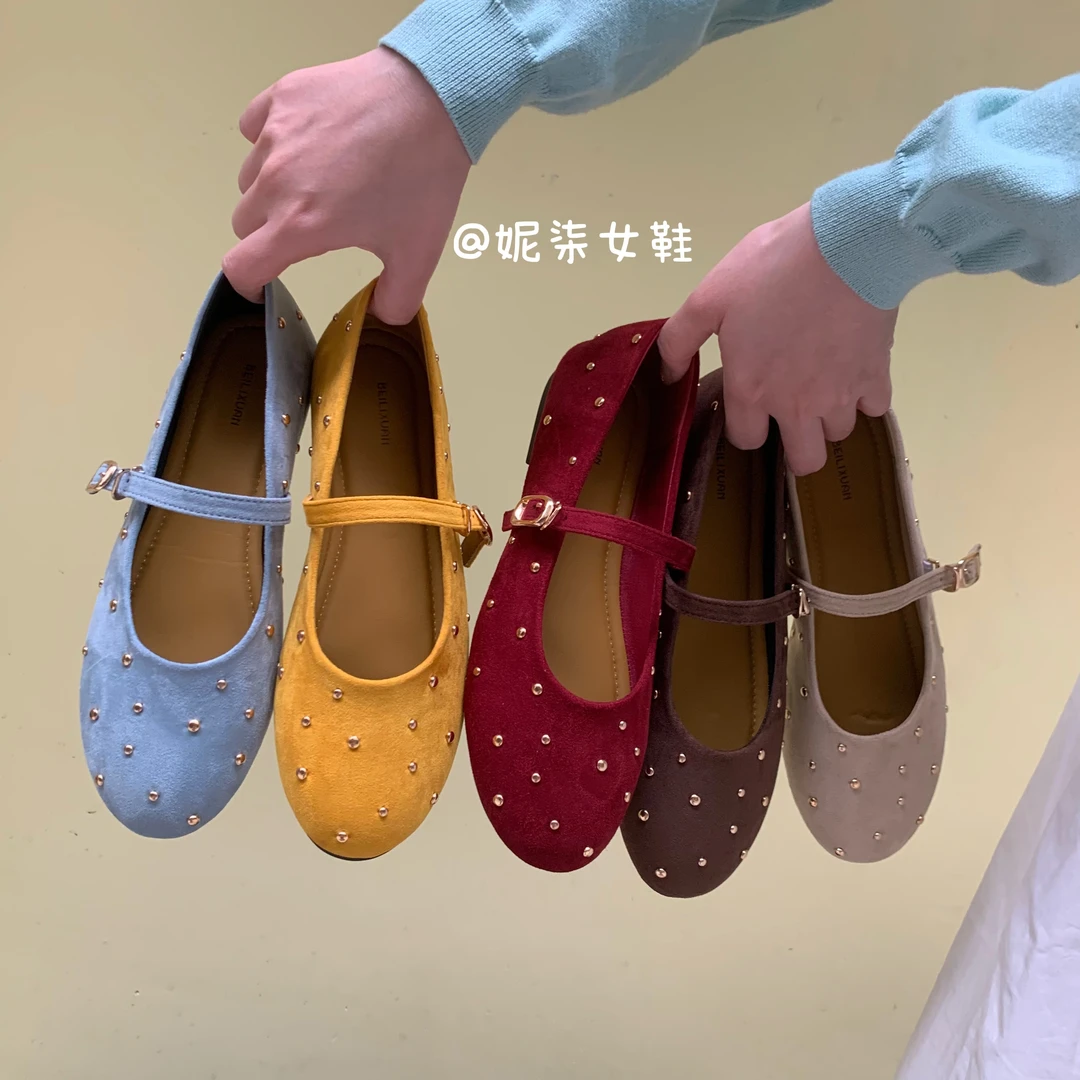 韩版圆头一字带绒面玛丽珍鞋个性休闲复古奶奶鞋春夏季浅口单鞋
