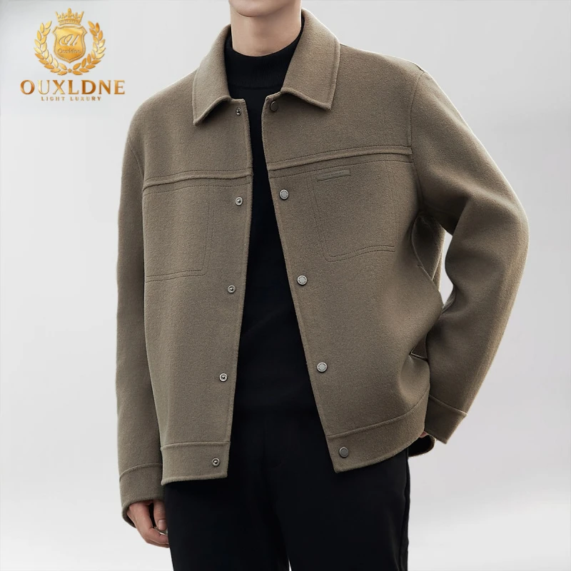 OUXLDNE 双面毛呢大衣男秋冬新款翻领上衣服休闲羊毛呢子夹克外套