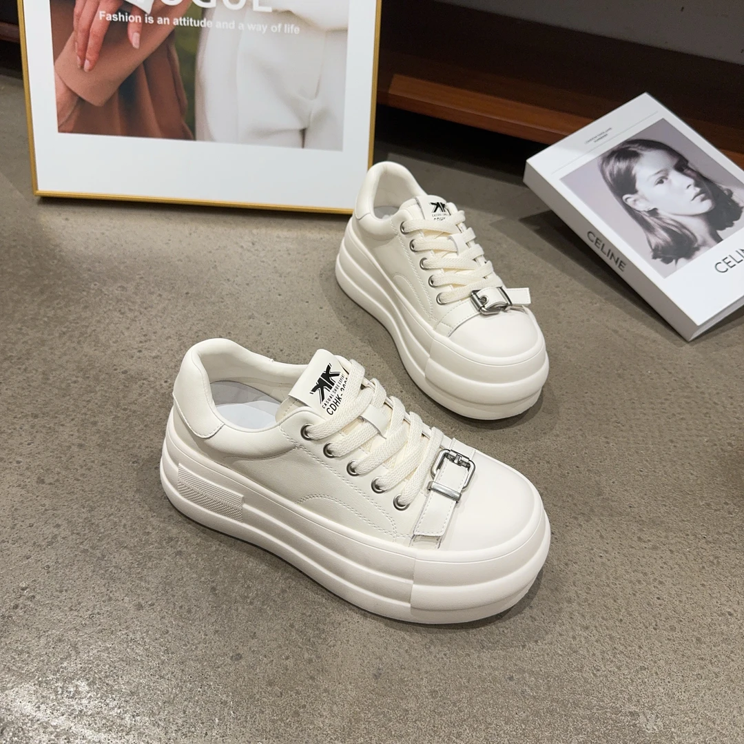 6-013秋季新品女真皮厚底小白鞋系带轻盈增高休闲鞋时尚网红同款