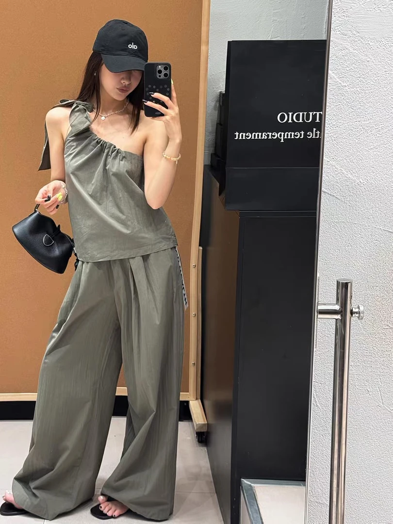 韩版套装女2025夏个性单肩系带无袖背心+高腰阔腿裤两件套休闲