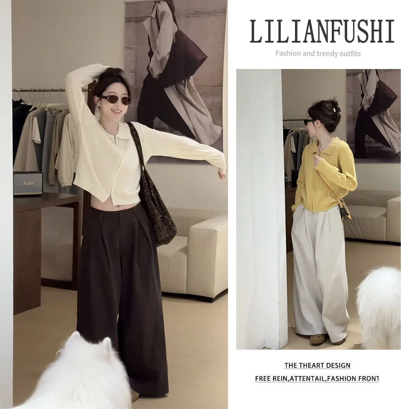 今年流行穿搭2025新款百搭polo领长袖针织衫显瘦阔腿休闲裤两件套