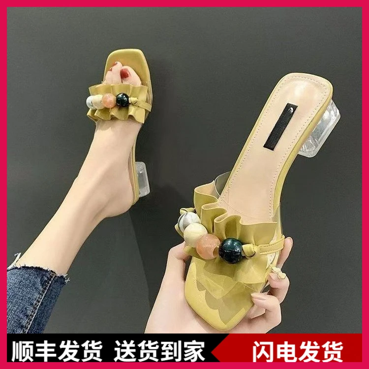 网PVC透明凉拖鞋一字带粗跟方头趾拖鞋外穿懒拖显白百搭小众鞋子