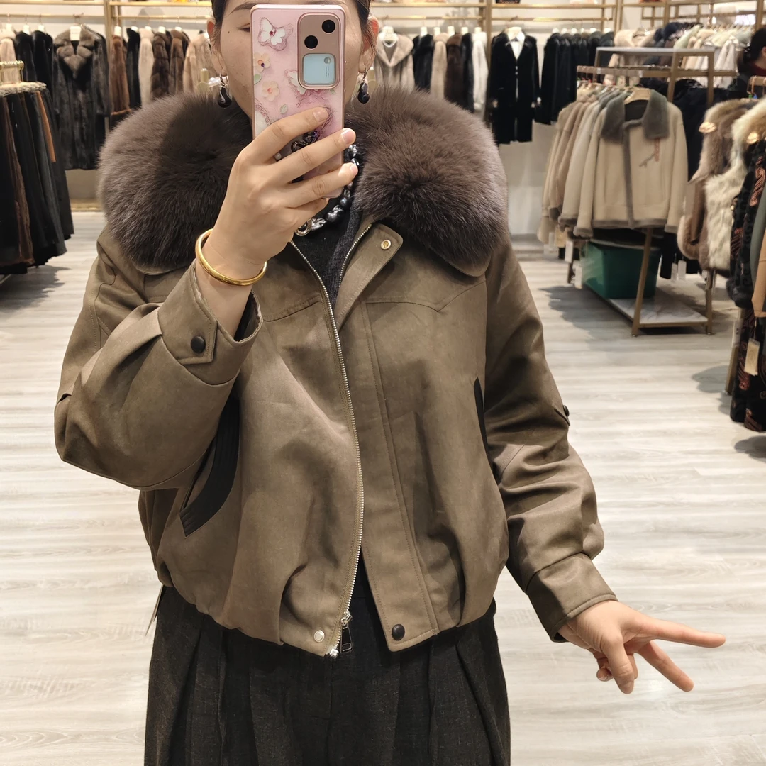 新款长袖短款拉链落肩袖鹅绒服狐狸毛领时尚休闲小个子版