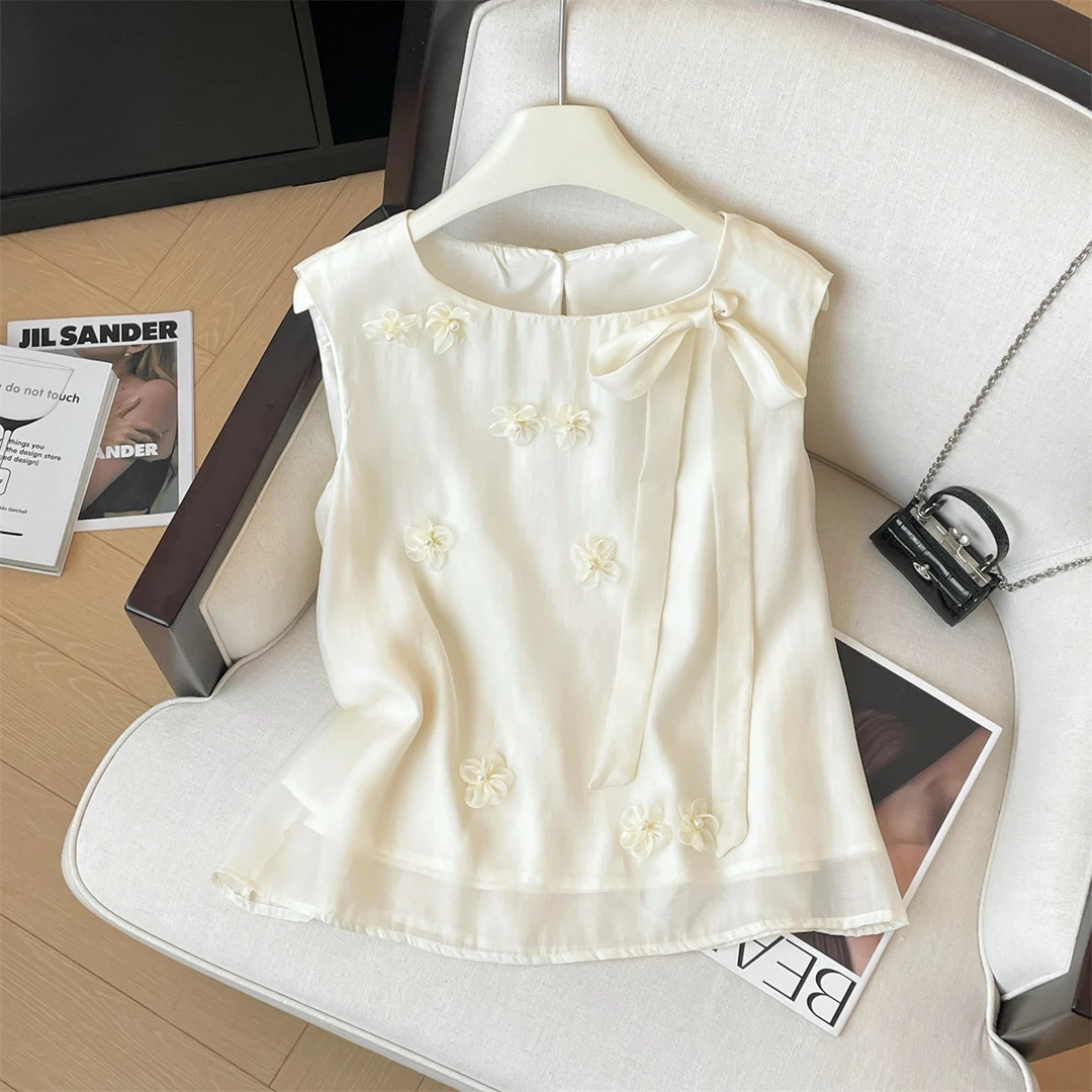 2025夏季法式无袖衬衫优雅清冷气质蝴蝶结系带设计感独特小衫上衣