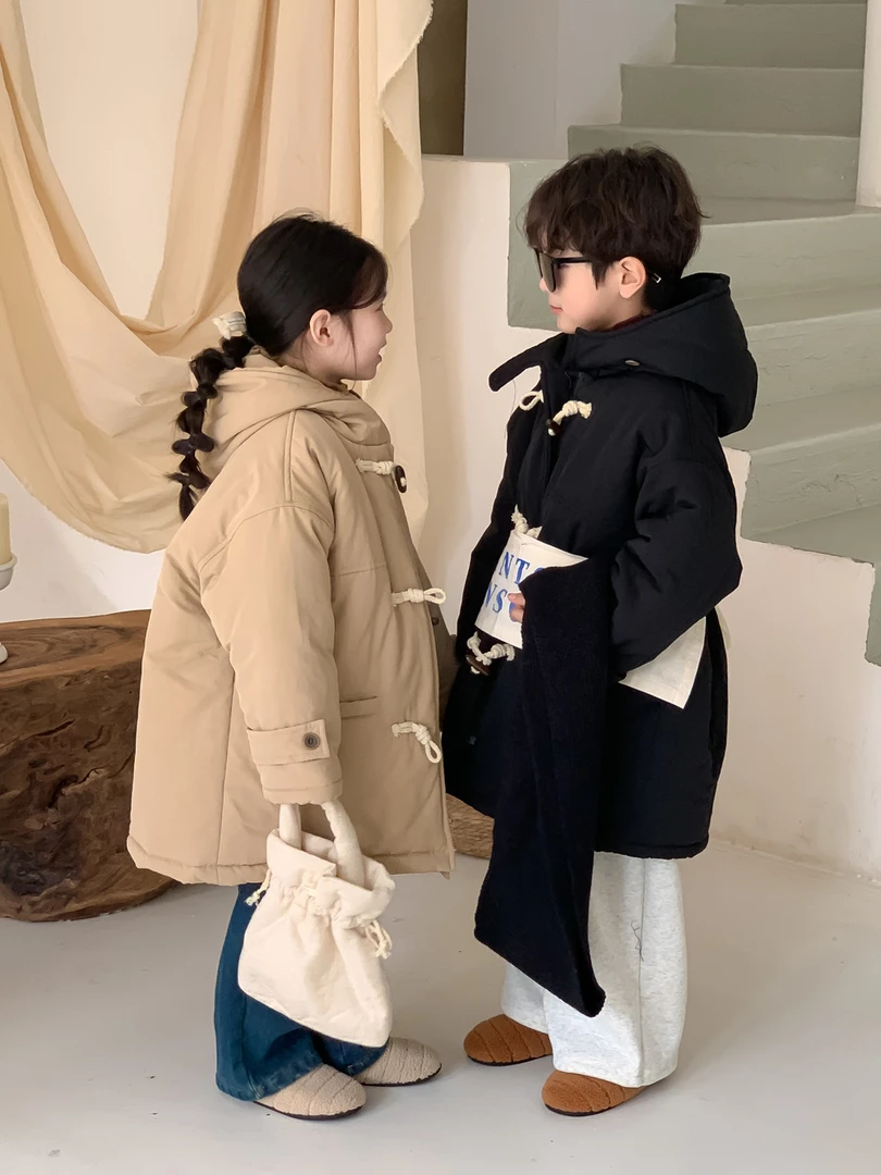 童外套2024冬款男女童韩版加厚牛角扣大衣儿童休闲连帽中长款上衣