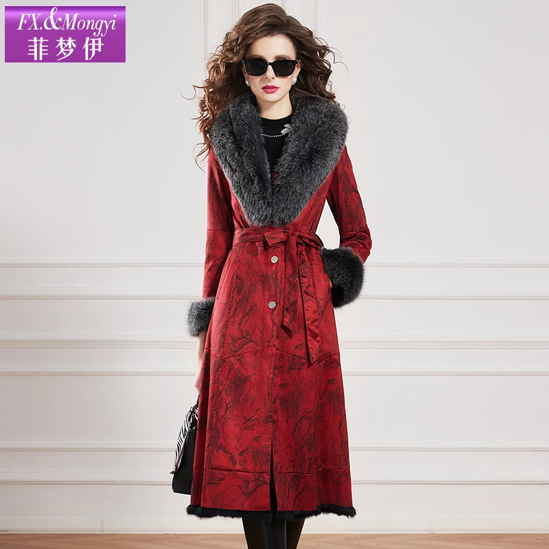 菲梦伊新款时尚提花兔毛皮一体外套保暖狐狸毛领显瘦大衣62206