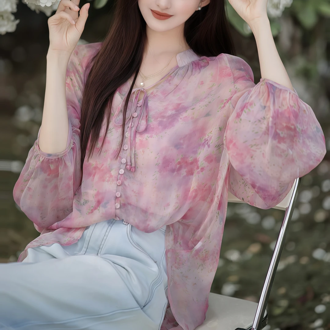 花与爱丽丝系列-小衫2024春季新款碎花洋气独特别致印花小衫上衣