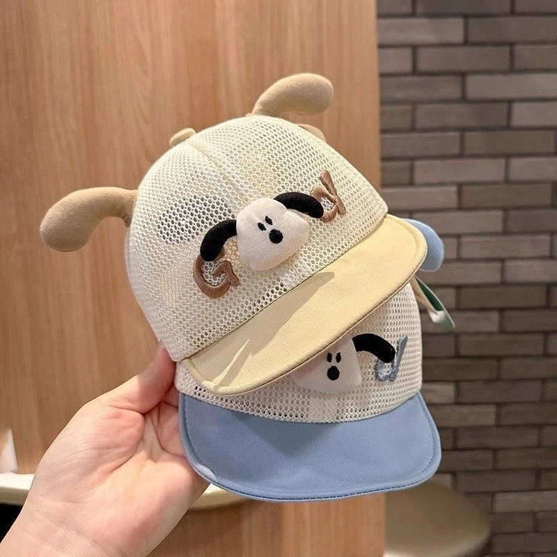 婴儿夏季透气网眼卡通小狗翻檐遮阳防晒鸭舌棒球帽