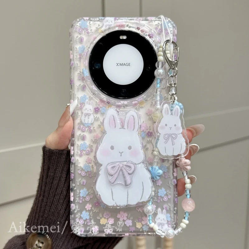 适用华为mate70pro+手机壳小清新紫色mate60pro+花朵兔子支架链条