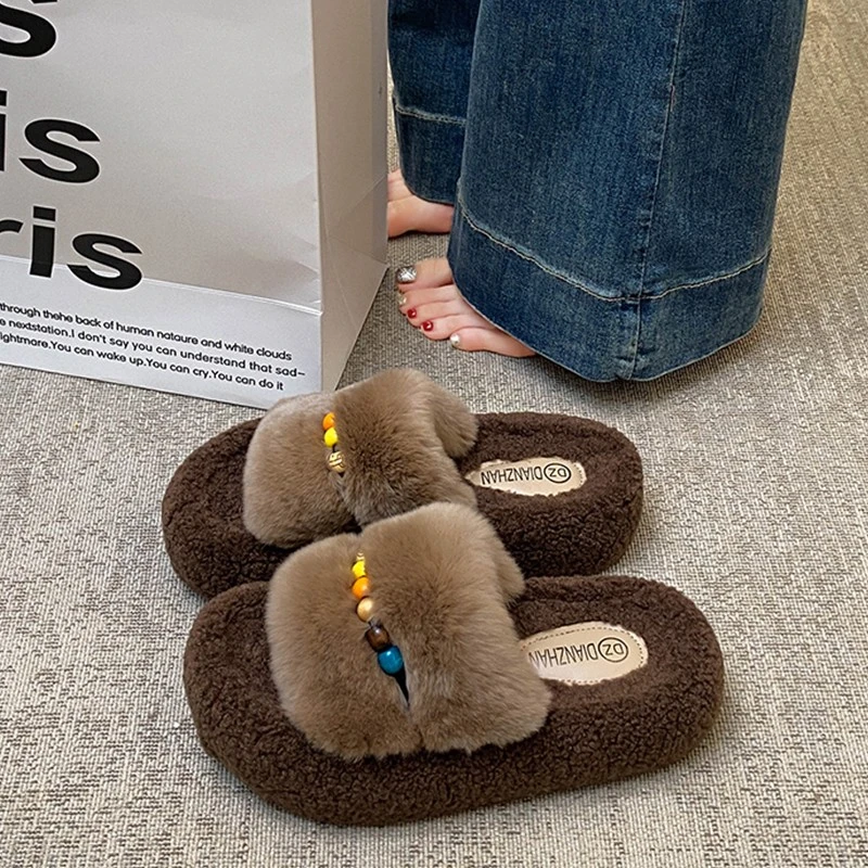 网红爆款覆古串珠毛毛拖鞋女外穿2025新款秋冬厚底家用室内棉拖鞋