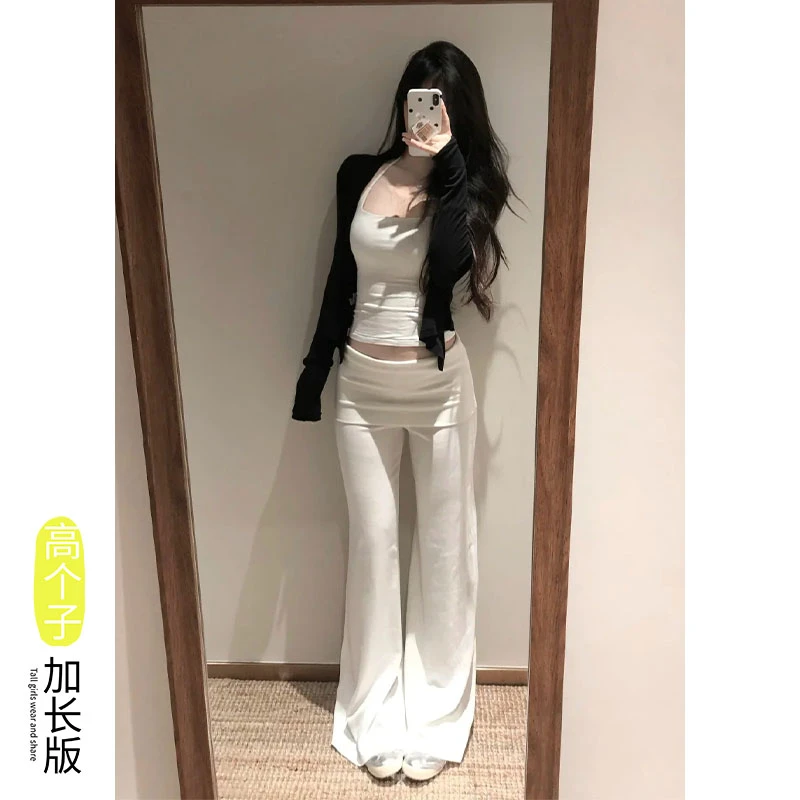 175加长版高个子垂坠感白色微喇云朵裤女夏季翻腰时尚显瘦直筒裤