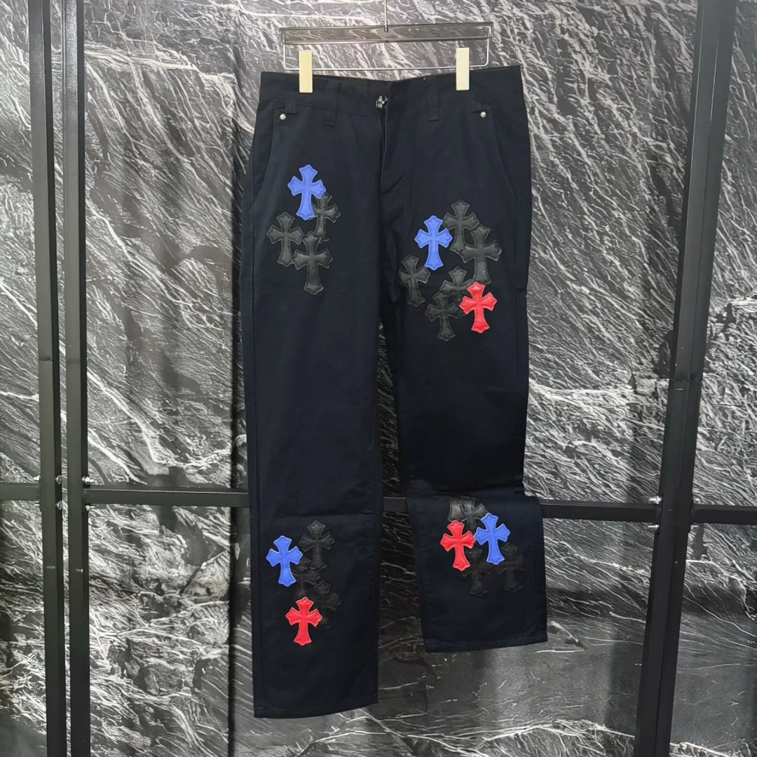 25夏季新款克罗十字架贴皮水洗牛仔裤刺绣直筒长裤休闲百搭