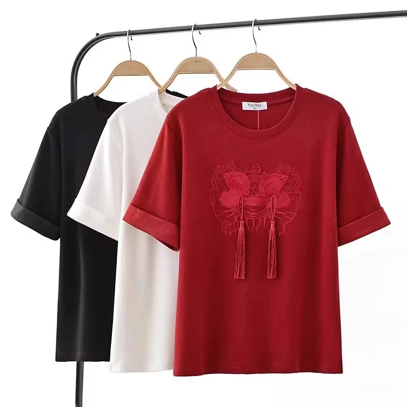 YY869中国风刺绣流苏T恤大码女装新中式显瘦短袖上衣圆领套头衫夏