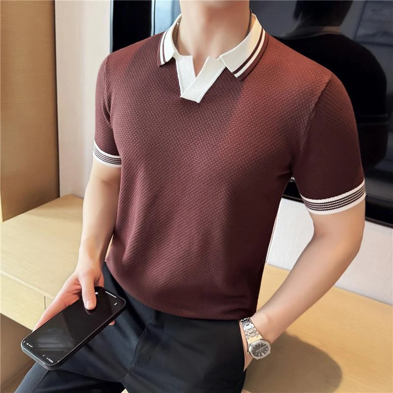 CATIA SELI冰丝菠萝纹针织短袖Polo衫男士夏季高端薄款V领修身T恤