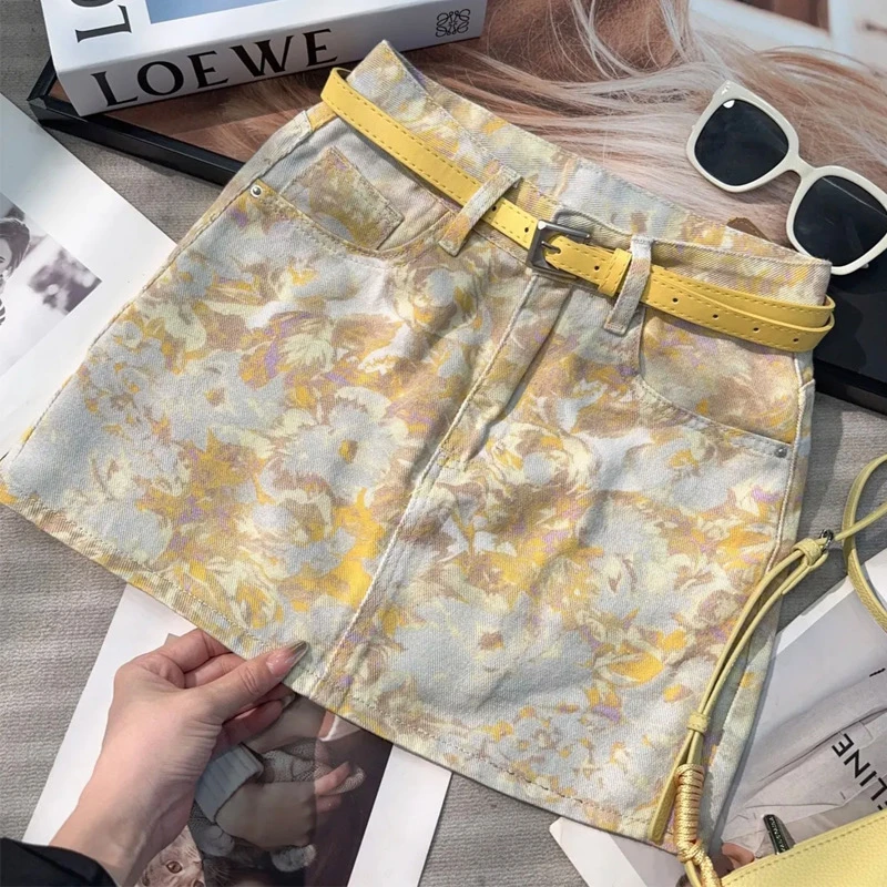 【送腰带】牛仔短裙女撞色扎染水洗半身裙2025夏减龄A字包臀防走光