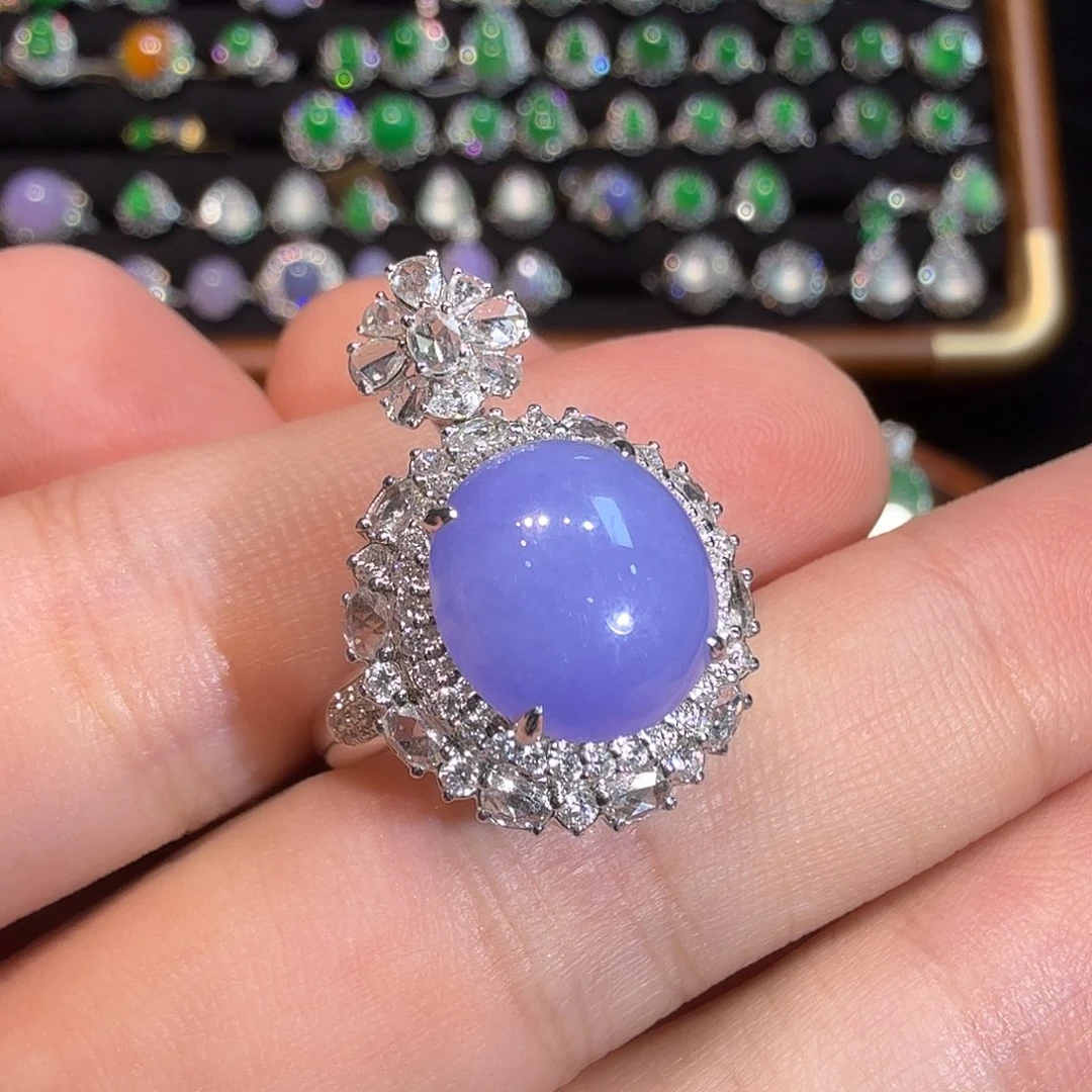 18K金镶嵌戒指翡翠紫罗兰蛋面戒指吊坠两用