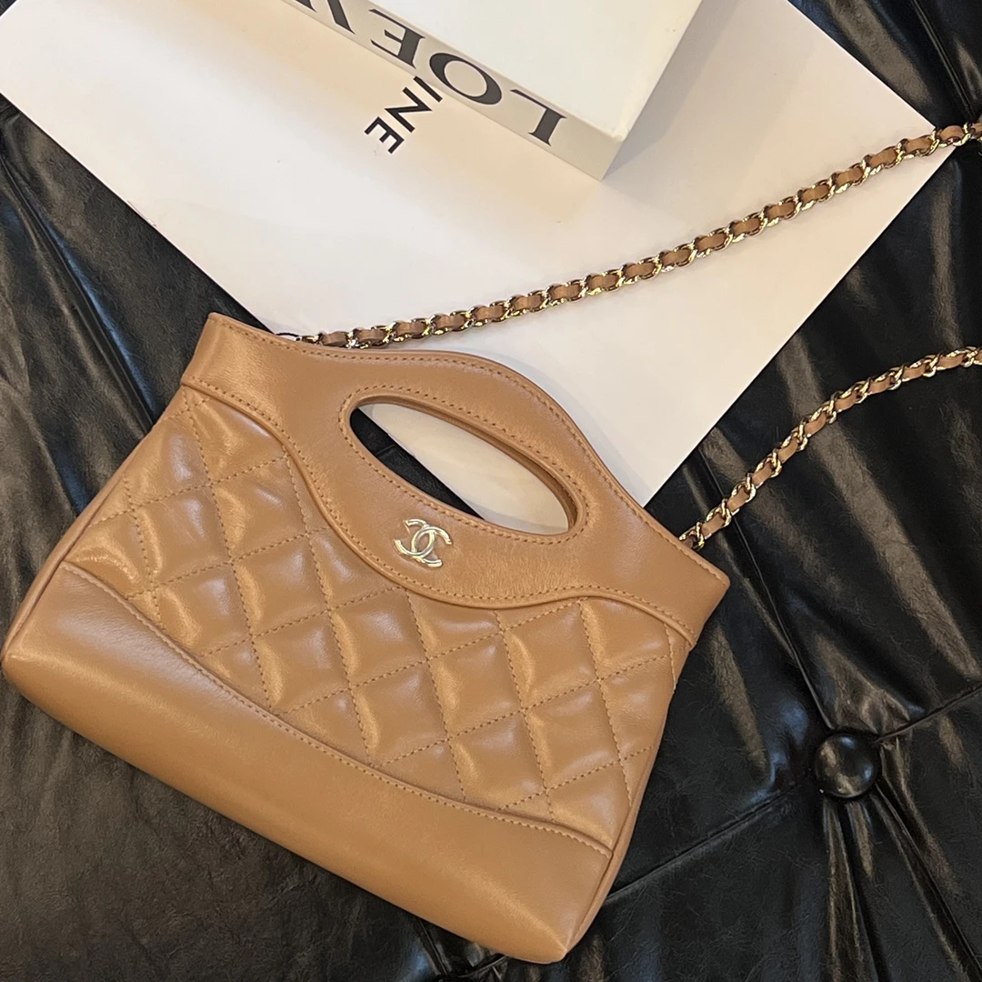 99新 Chanel/香奈儿 24B奶茶色31bag nano手提单肩斜挎包