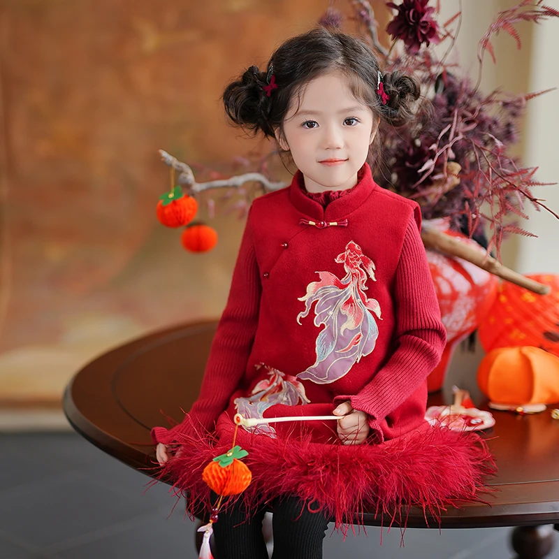 53973女童汉服旗袍裙过年服锦鲤刺绣背心裙冬季女孩新年装连衣裙