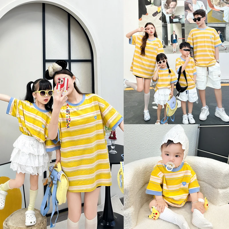 亲子装夏季一家三口条纹t恤洋气撞色宽松大码母女短袖全家装8881