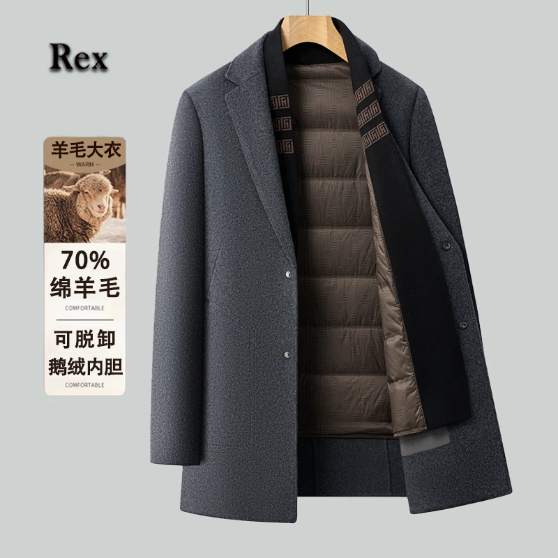男士【绵羊毛+鹅绒内胆】秋冬季一手长羊毛大衣双面呢羊毛呢大衣
