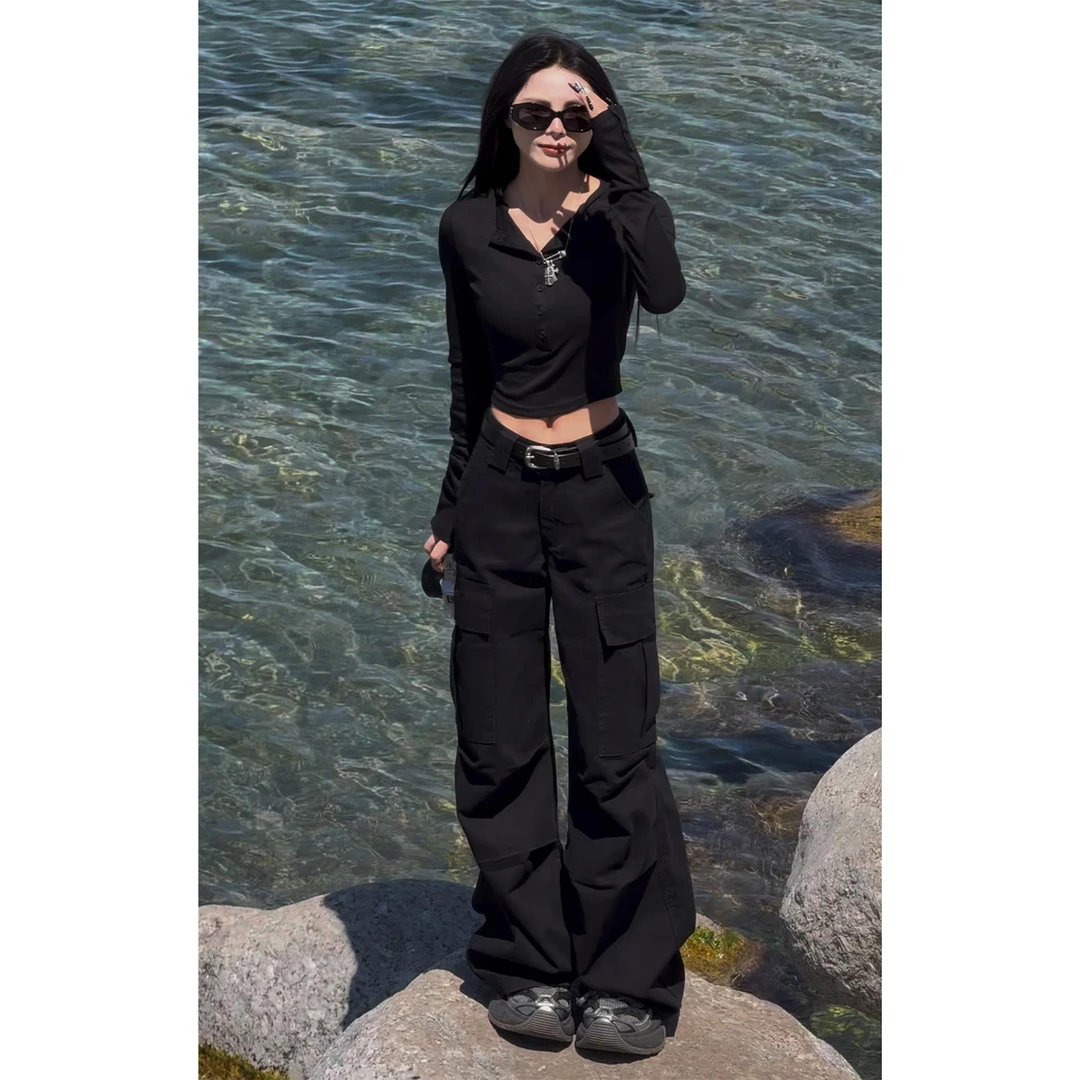 高级黑色窄版工装裤女2025年秋季新款大码胖mm梨形身材宽松休闲裤