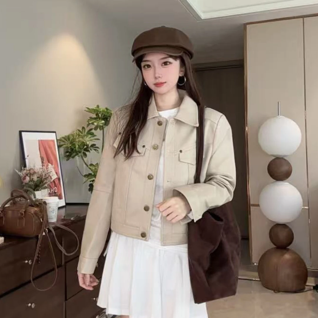 铆钉短款秋季方领直筒型翻领皮衣短外套韩版时尚女士