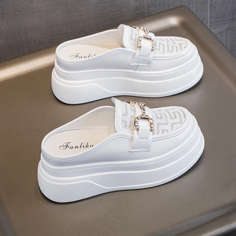 小香风亮面半拖鞋女外穿凉拖内增高厚底洞洞鞋2025年新款包头凉鞋