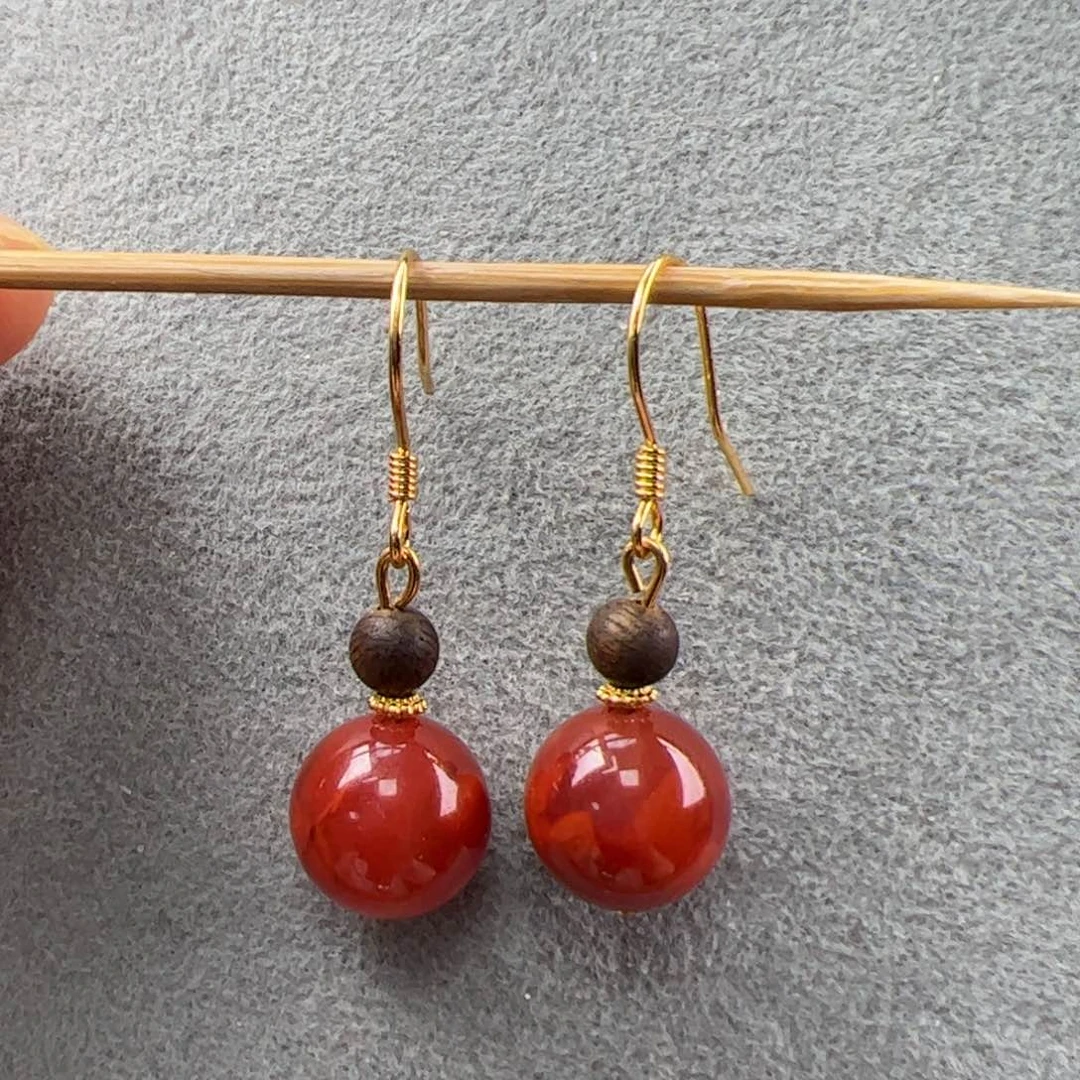 南红玛瑙满肉锦红耳钩10mm+银S925镶嵌