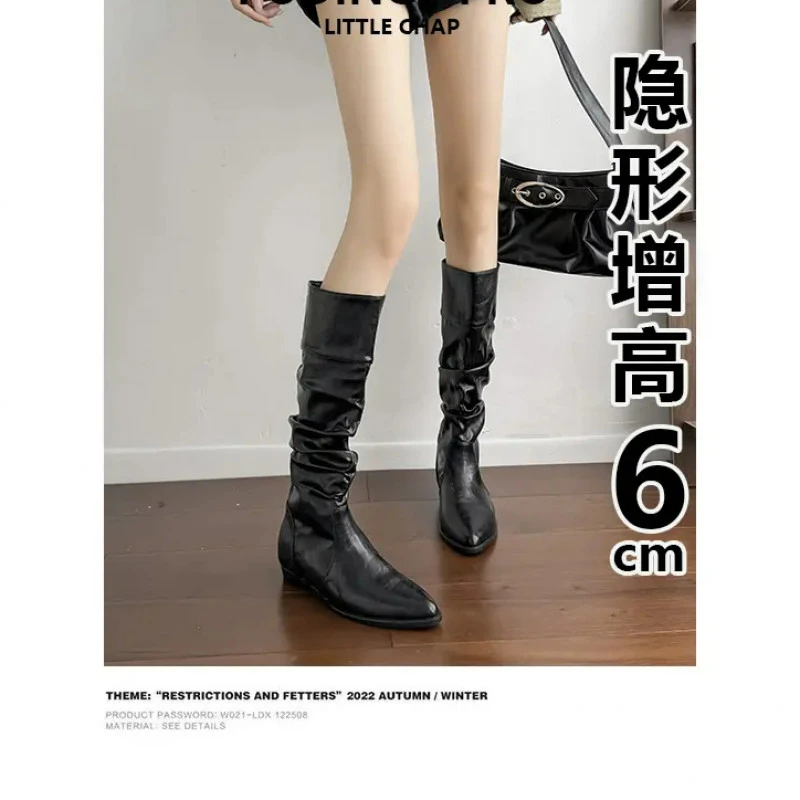 复古风内增高长筒靴堆堆靴女旅游穿搭秋季小个子显瘦西部牛仔靴女