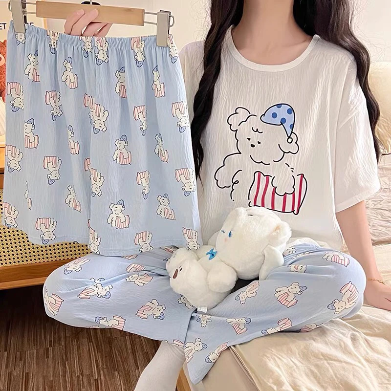 【亏本清仓】三件套睡衣女生可爱夏季短袖短裤长裤云朵棉家居服