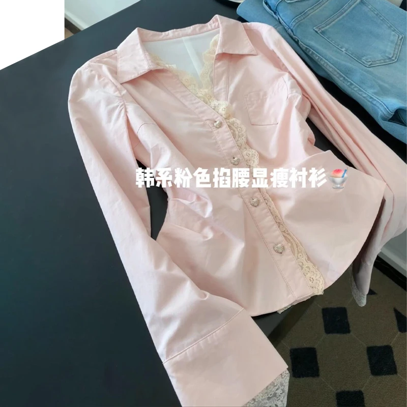 【8596】大码女装胖mm纯欲气质掐腰褶皱衬衫长袖翻领修身蕾丝边上衣
