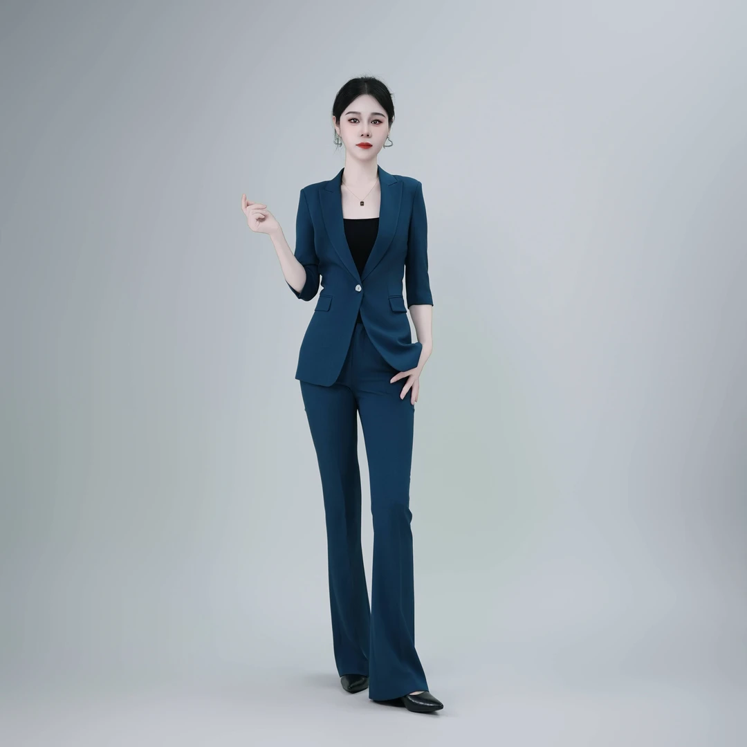 Falaibang/法莱邦0109-4夏季款孔雀蓝中袖双裤型西装套装