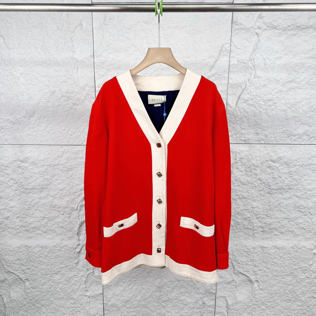 99新 GUCCI/古驰 44码/橘红色拼白色金色纽扣开衫/11403869