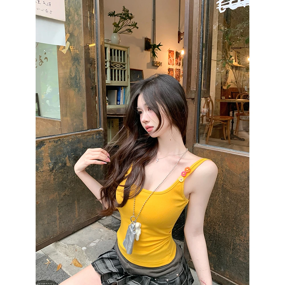 小雏菊花朵胸针黄色吊带背心女夏外穿内搭带胸垫抹胸美背辣妹上衣