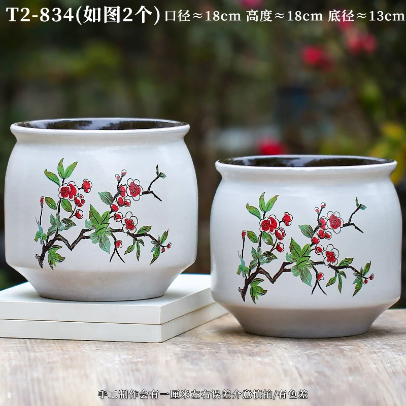 T2-834宜兴紫砂粗陶圆口贴花老桩陶罐粗陶花盆花卉绿植透气万能盆