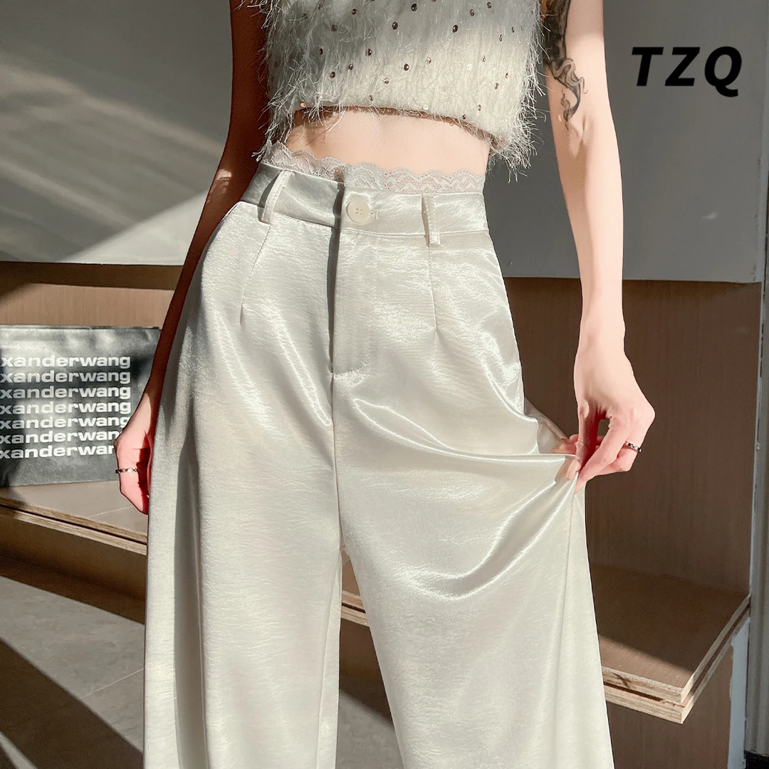 蕾丝冰丝西装裤女夏季薄款高腰显瘦垂感拖地阔腿休闲裤TZQ2550729