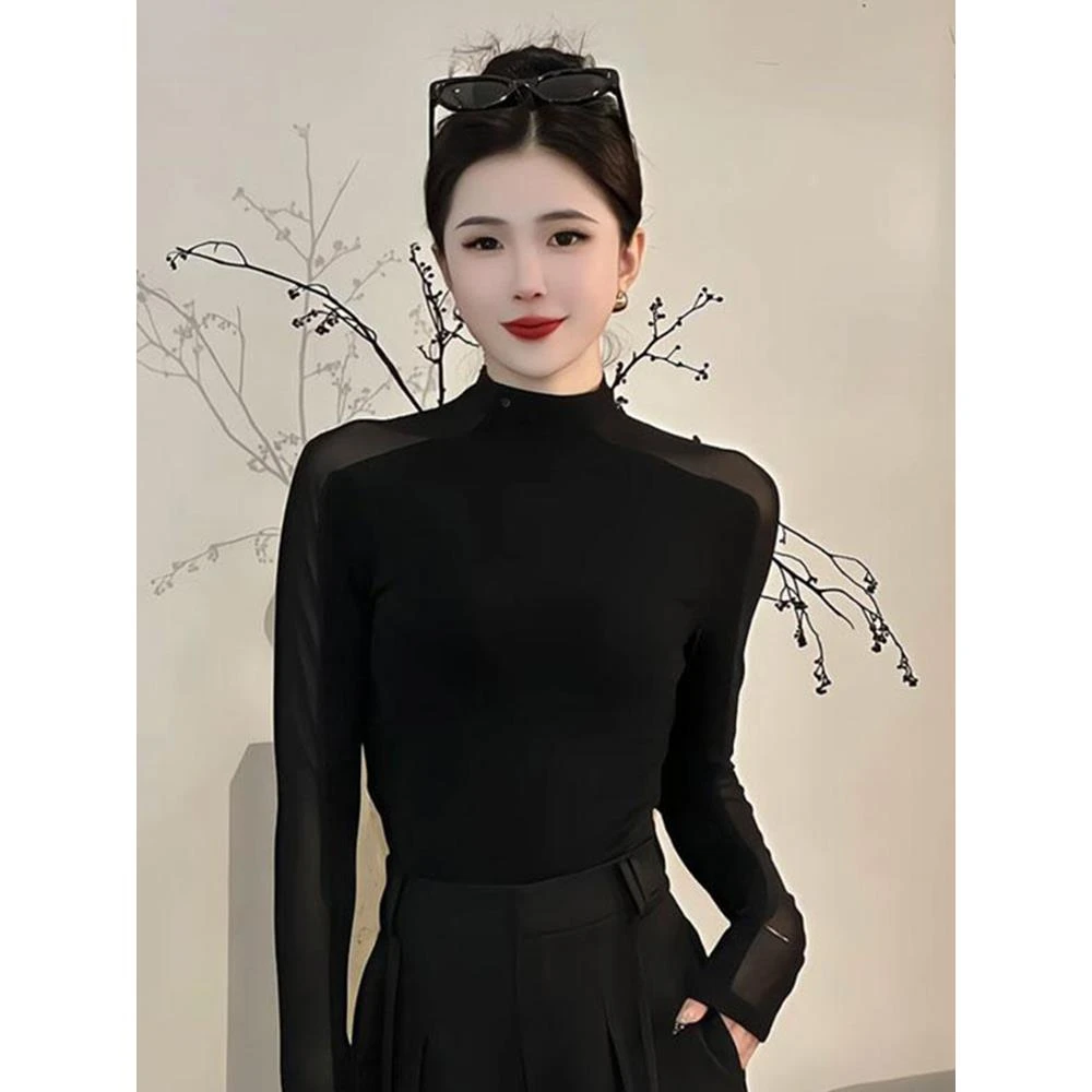 2025秋冬新款半高领拼接网纱恤女装独特镂空修身显瘦打底衫长袖