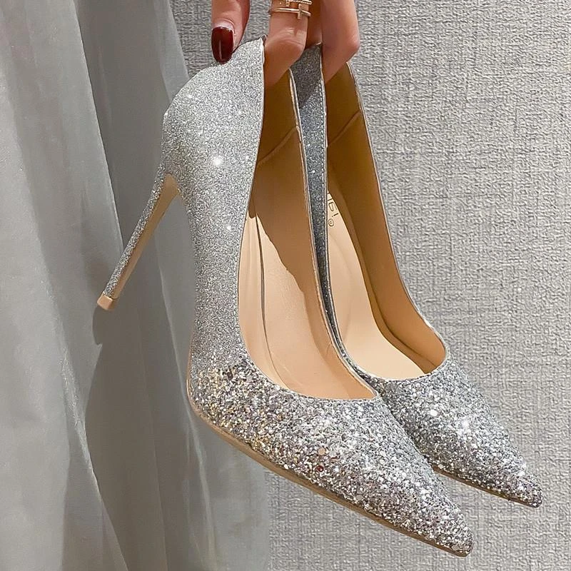 纪诗哲亮片细跟高跟鞋法式时尚气质伴娘新娘宴会高跟婚鞋新娘鞋