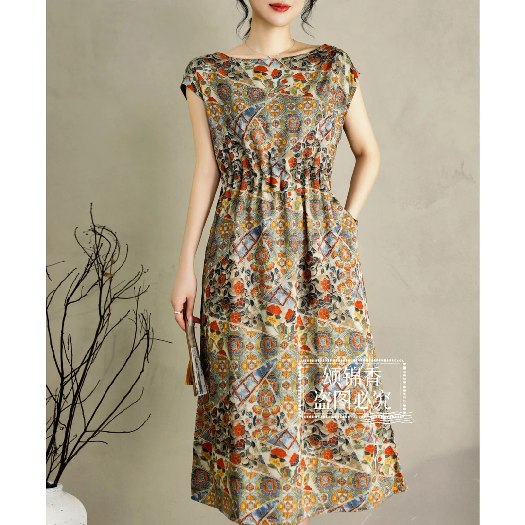 【繁花】Y1184繁花锦花萝一字领连衣裙落肩袖收腰显瘦中国风中长款
