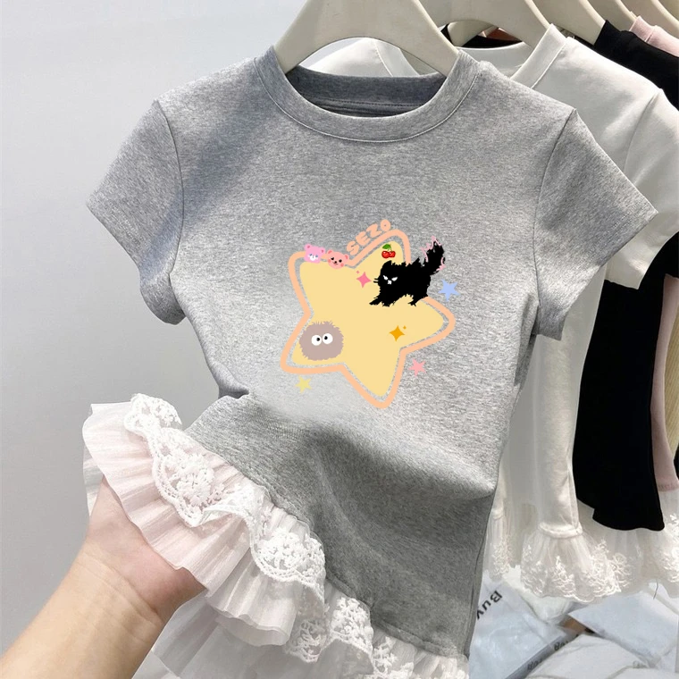 夏季韩版ins小众穿搭蕾丝花边灰色打底短袖2025新款修身显瘦T恤女