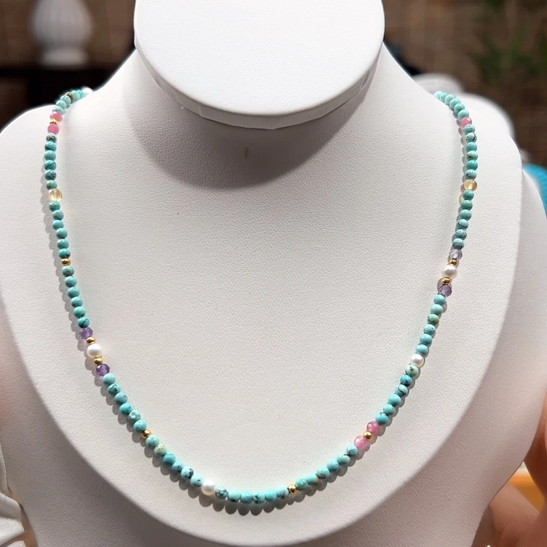 绿松石未镶嵌23圆珠锁骨链放漏卡2+