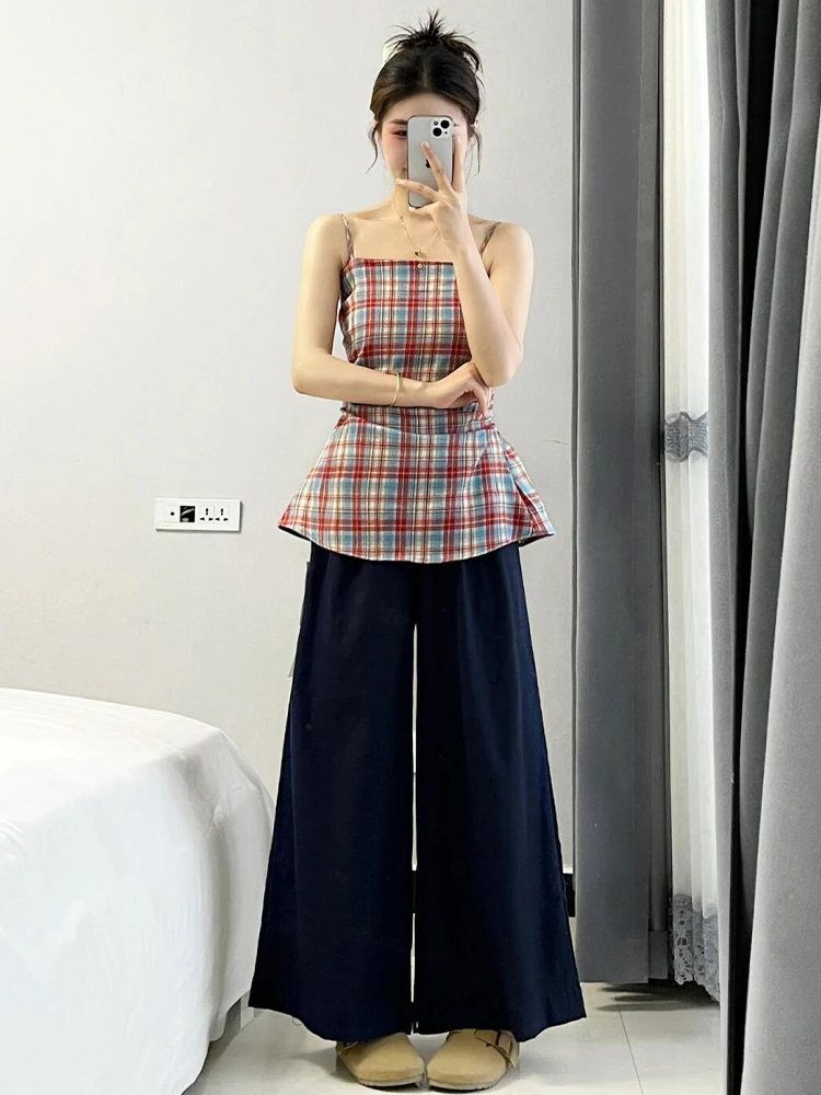 2025夏季新款韩系穿搭气质格纹吊带上衣高腰显瘦阔腿裤两件套女