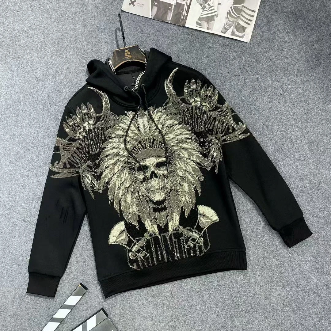 12111-246新款潮牌烫钻骷髅头长袖外套一整套印第安人男女同款