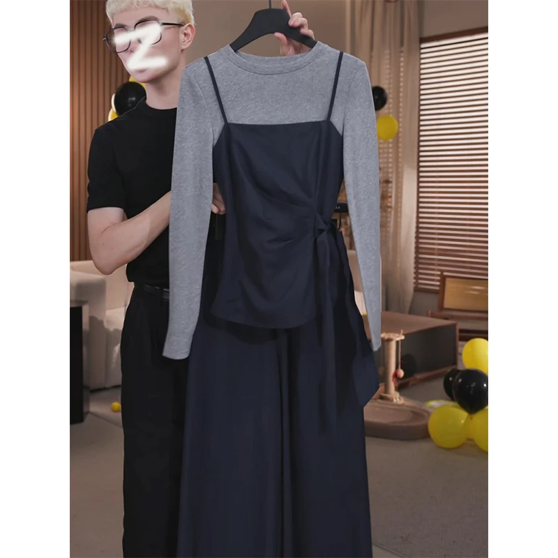 韩系高级感穿搭套装女2025秋季新款收腰系带吊带T恤阔腿裤三件套