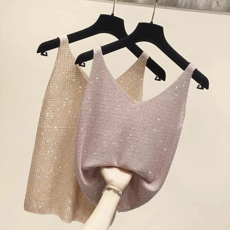 清仓捡漏~专柜撤回外贸烫钻亮丝吊带背心女夏季无袖V领打底衫上衣