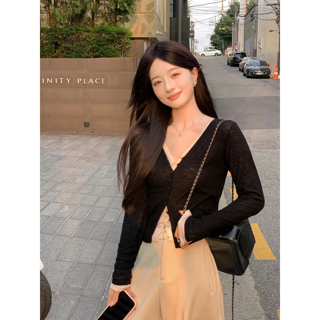 夏诗文 100%水溶羊毛16针V领针织开衫女秋季气质上衣